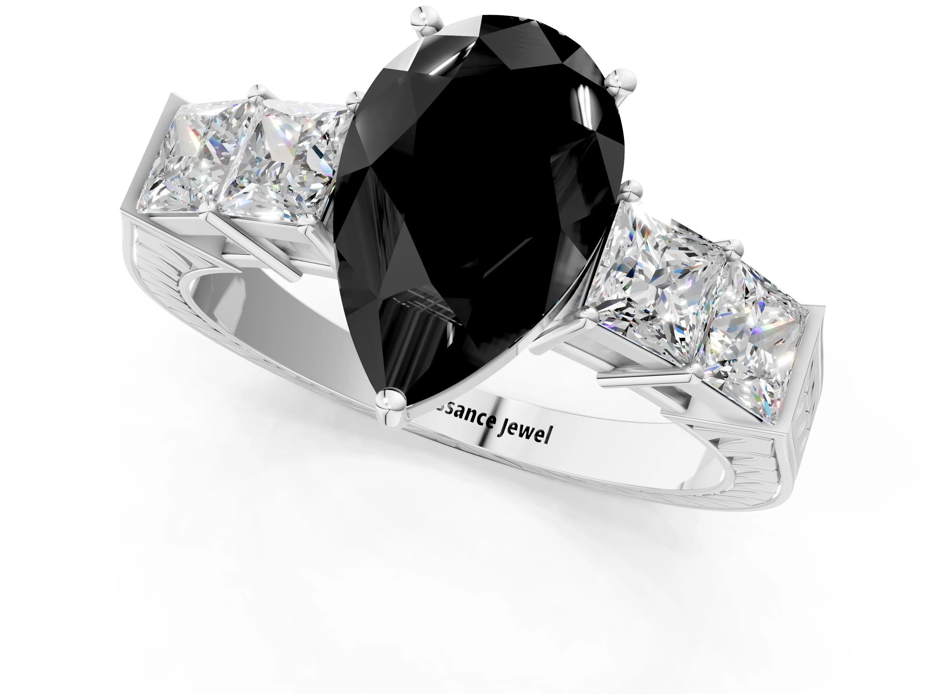 White gold Fancy Black Pear Cut Solitaire Princess Side Stone Engraved Band Prong Setting Ring_13