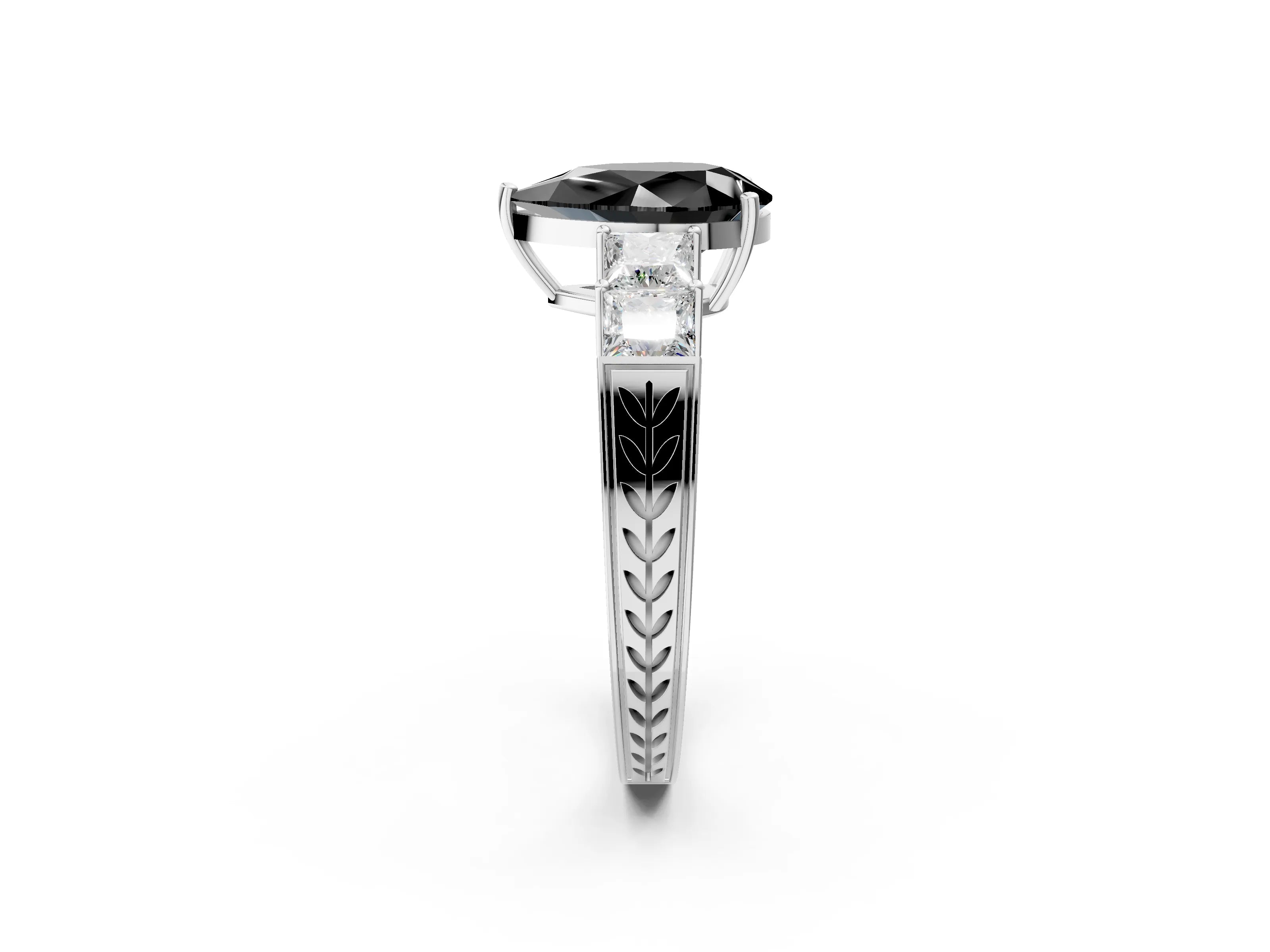 White gold Fancy Black Pear Cut Solitaire Princess Side Stone Engraved Band Prong Setting Ring_14