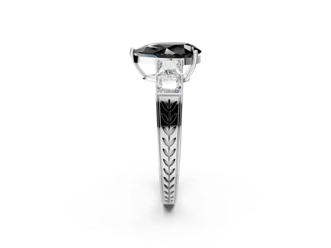 White gold Fancy Black Pear Cut Solitaire Princess Side Stone Engraved Band Prong Setting Ring_14