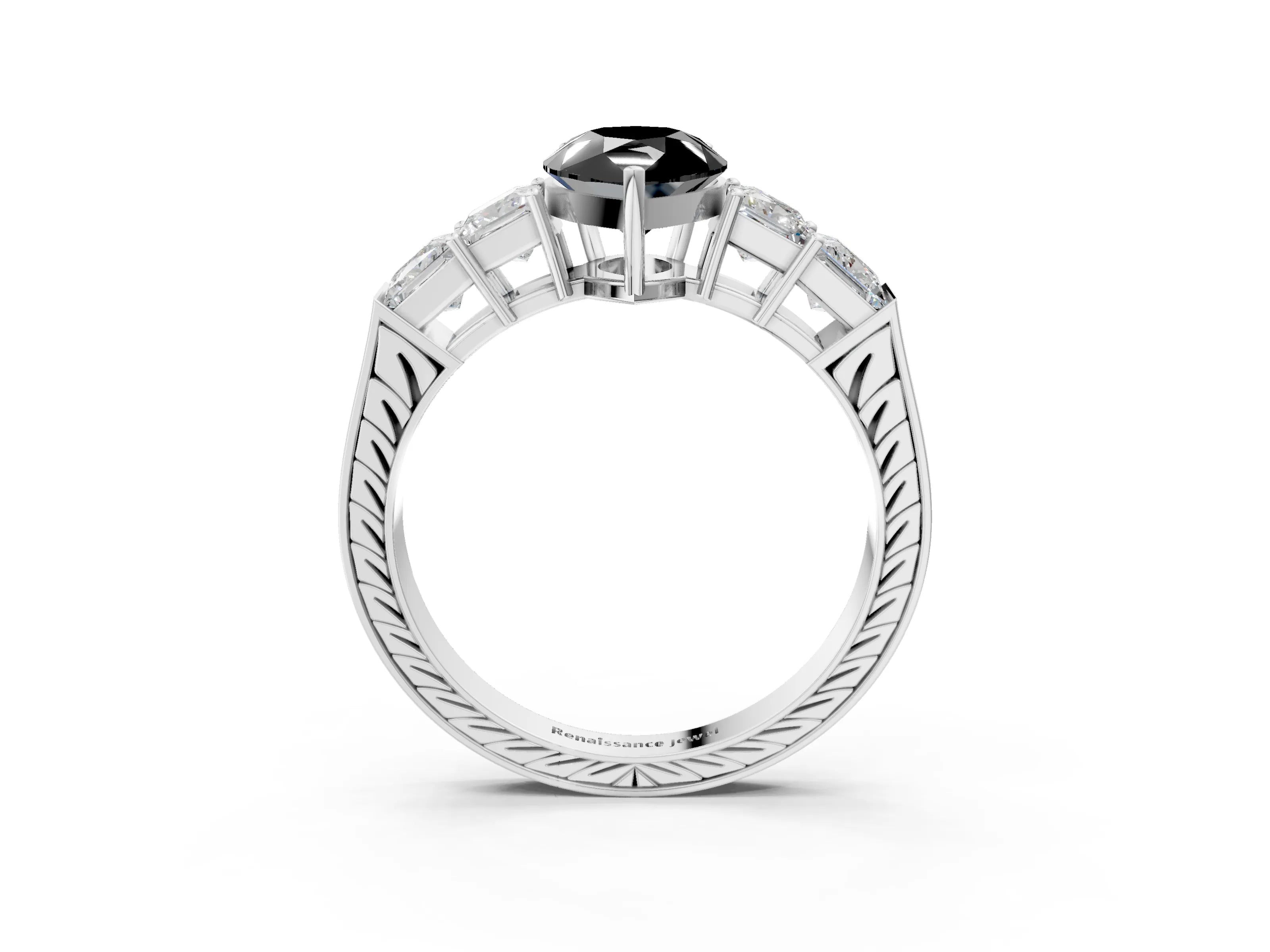 White gold Fancy Black Pear Cut Solitaire Princess Side Stone Engraved Band Prong Setting Ring_15