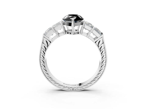 White gold Fancy Black Pear Cut Solitaire Princess Side Stone Engraved Band Prong Setting Ring_15