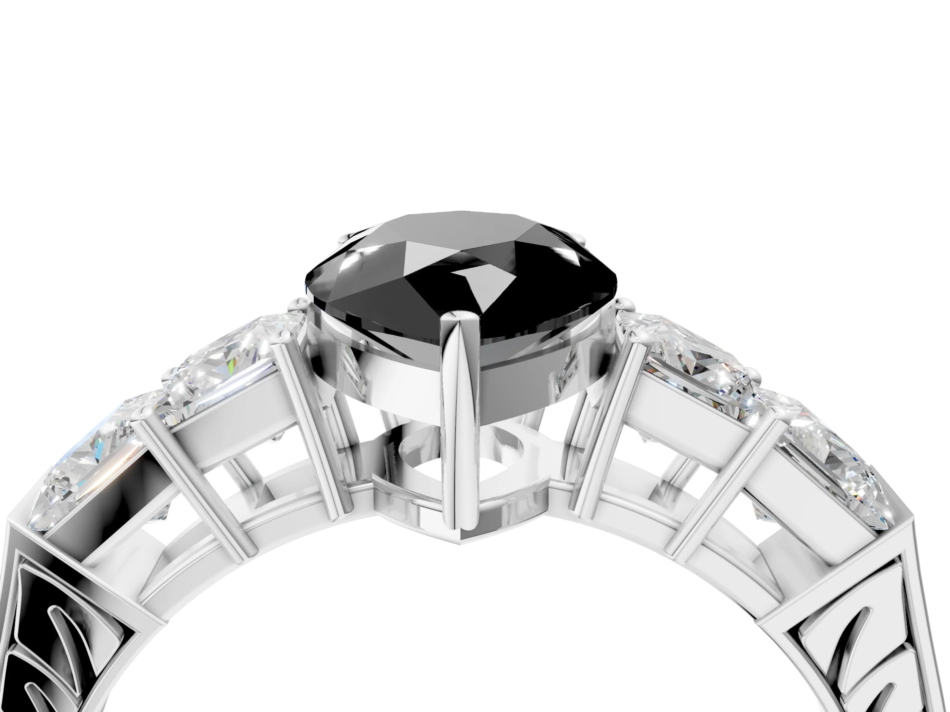 White gold Fancy Black Pear Cut Solitaire Princess Side Stone Engraved Band Prong Setting Ring_16