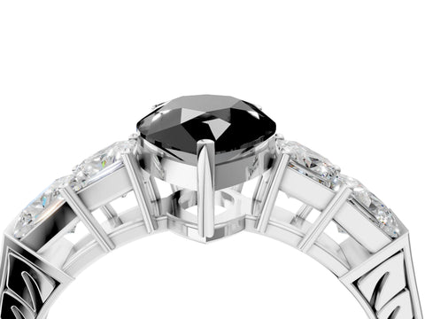 White gold Fancy Black Pear Cut Solitaire Princess Side Stone Engraved Band Prong Setting Ring_16