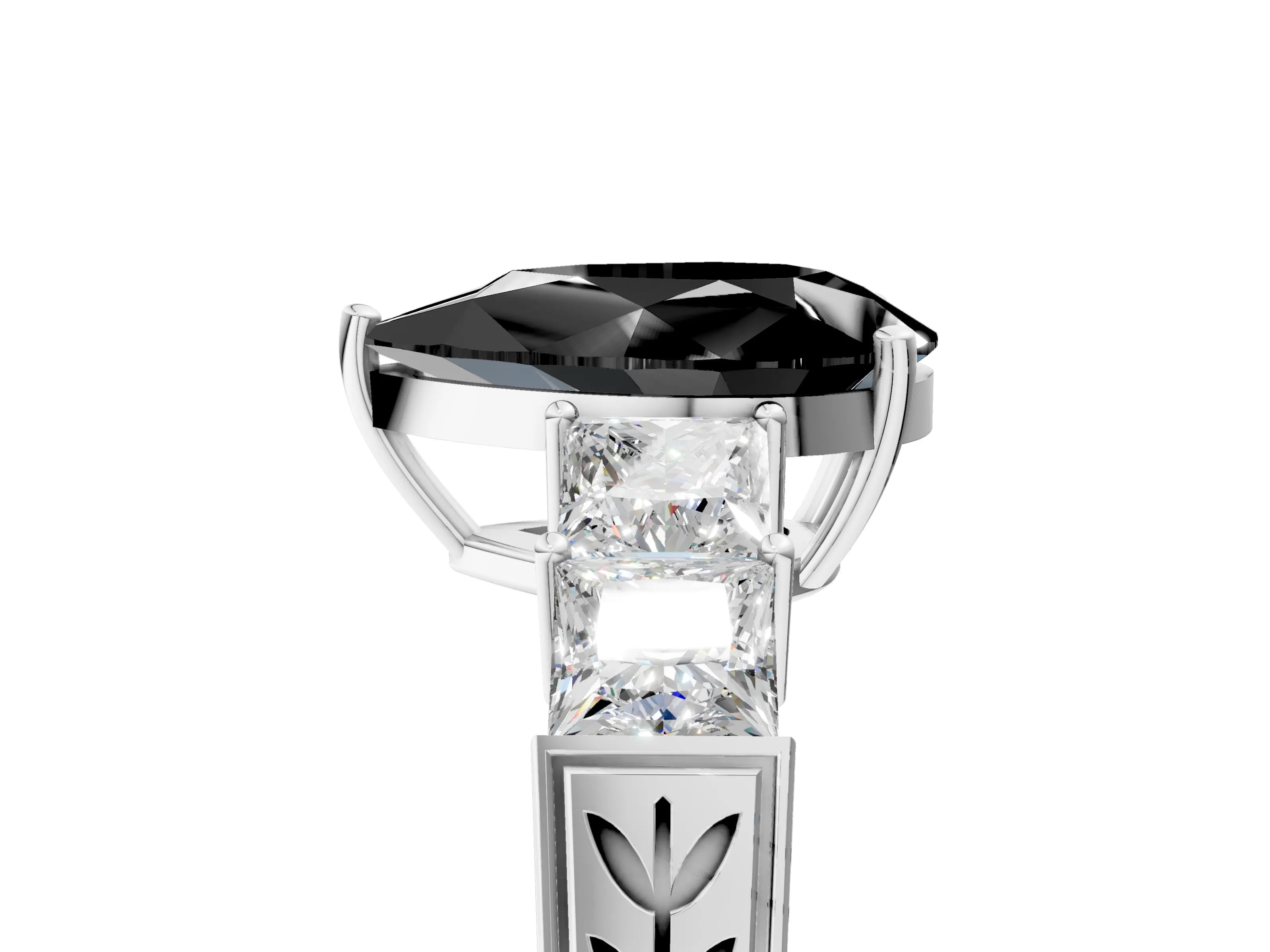 White gold Fancy Black Pear Cut Solitaire Princess Side Stone Engraved Band Prong Setting Ring_17