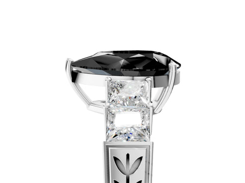 White gold Fancy Black Pear Cut Solitaire Princess Side Stone Engraved Band Prong Setting Ring_17