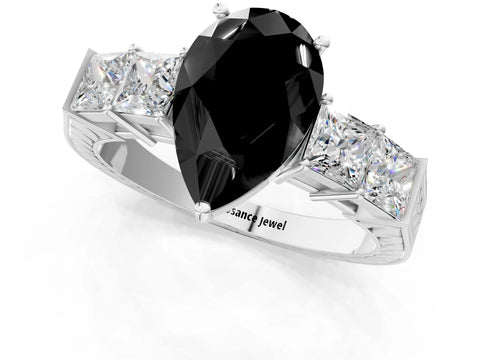 White gold Fancy Black Pear Cut Solitaire Princess Side Stone Engraved Band Prong Setting Ring_1