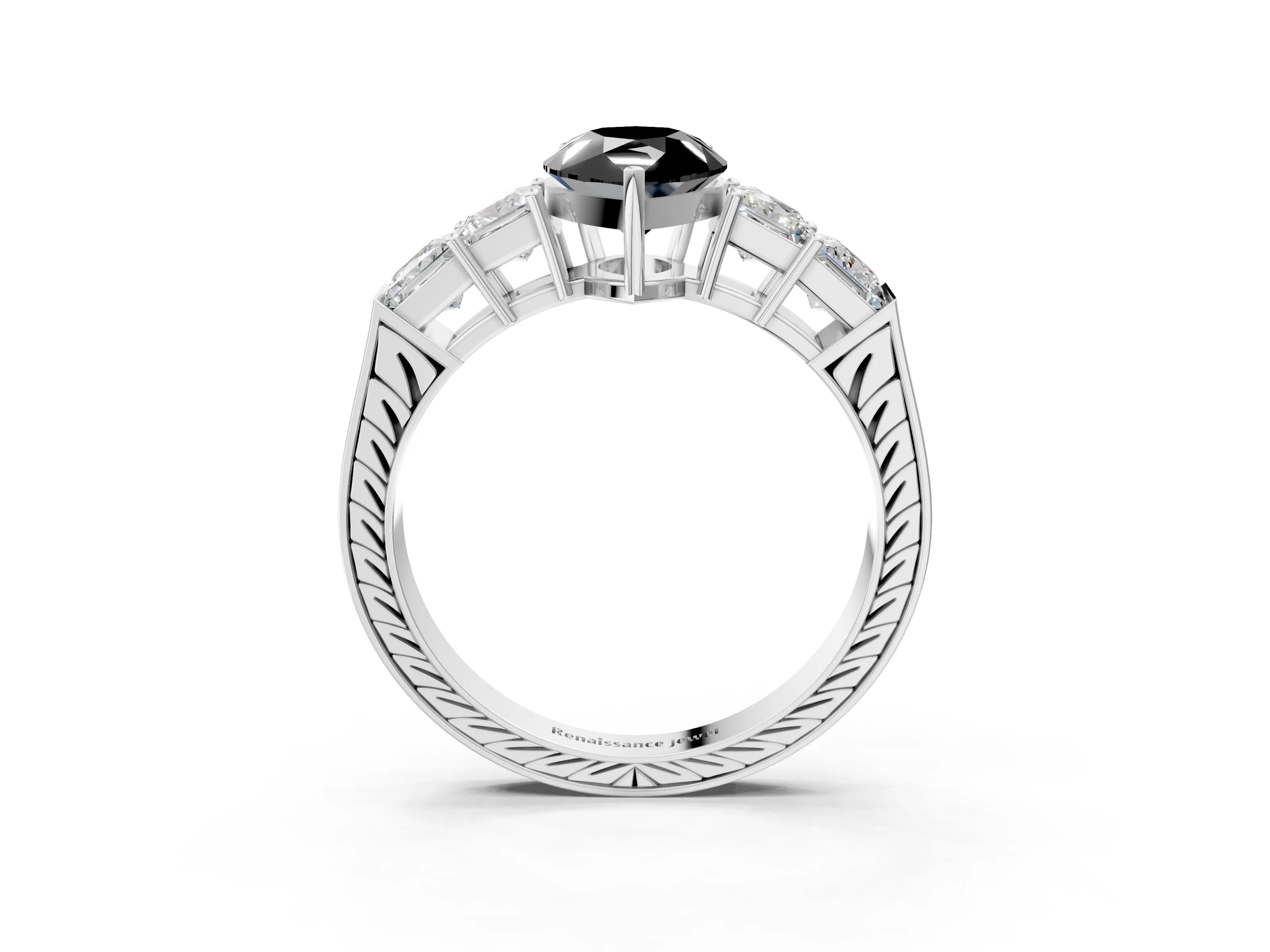 White gold Fancy Black Pear Cut Solitaire Princess Side Stone Engraved Band Prong Setting Ring_3