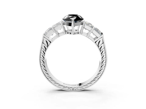 White gold Fancy Black Pear Cut Solitaire Princess Side Stone Engraved Band Prong Setting Ring_3