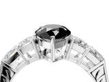 White gold Fancy Black Pear Cut Solitaire Princess Side Stone Engraved Band Prong Setting Ring_4