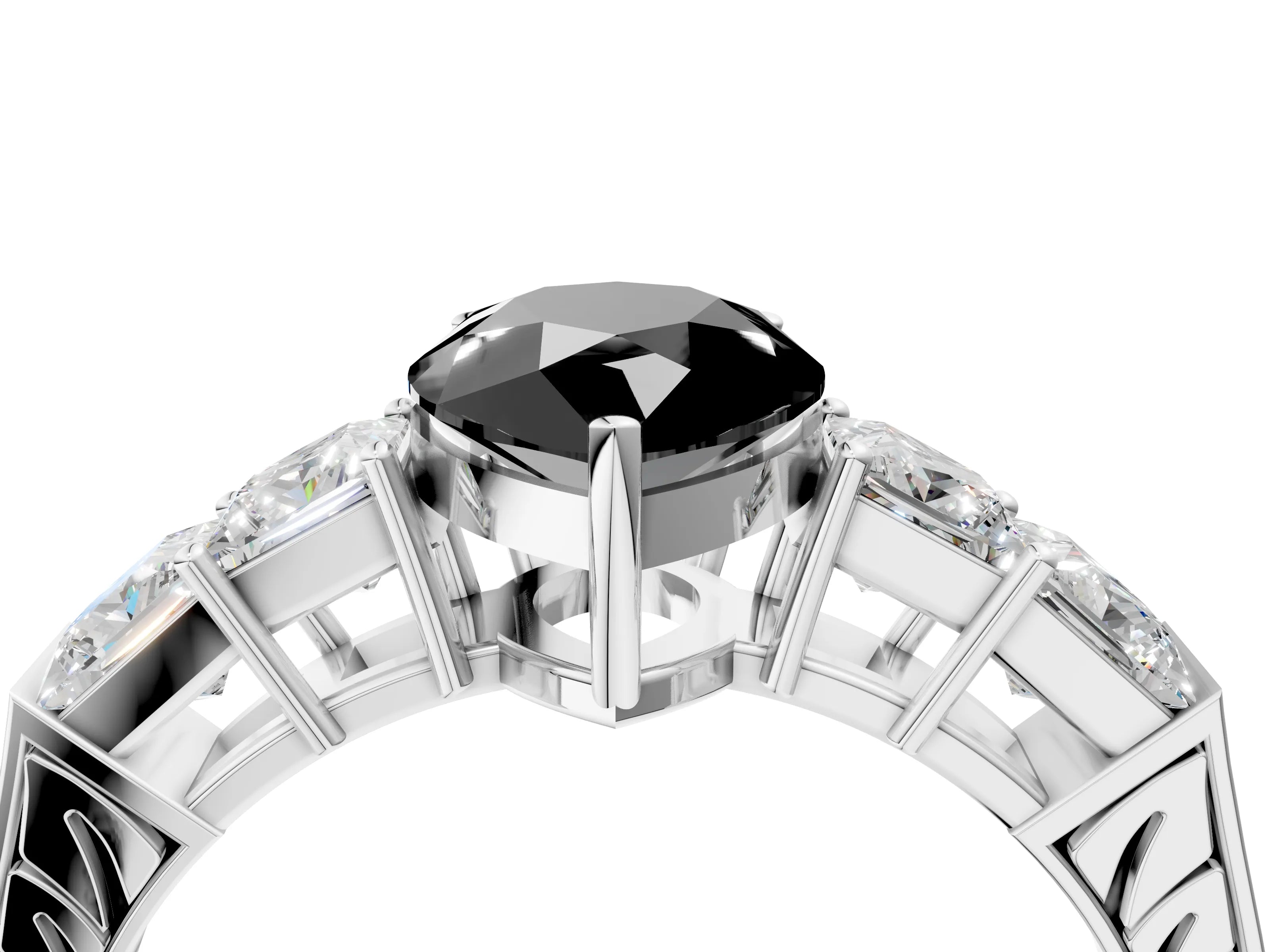 White gold Fancy Black Pear Cut Solitaire Princess Side Stone Engraved Band Prong Setting Ring_4