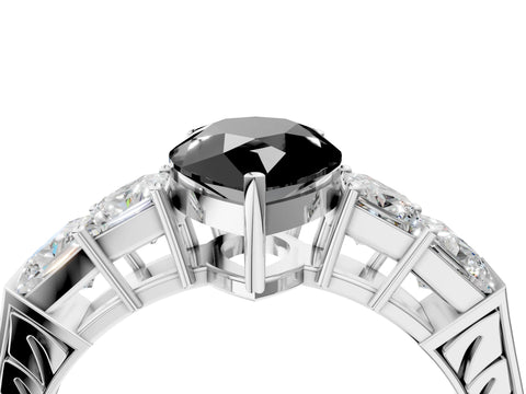 White gold Fancy Black Pear Cut Solitaire Princess Side Stone Engraved Band Prong Setting Ring_4