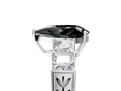 White gold Fancy Black Pear Cut Solitaire Princess Side Stone Engraved Band Prong Setting Ring_5