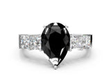 White gold Fancy Black Pear Cut Solitaire Princess Side Stone Engraved Band Prong Setting Ring