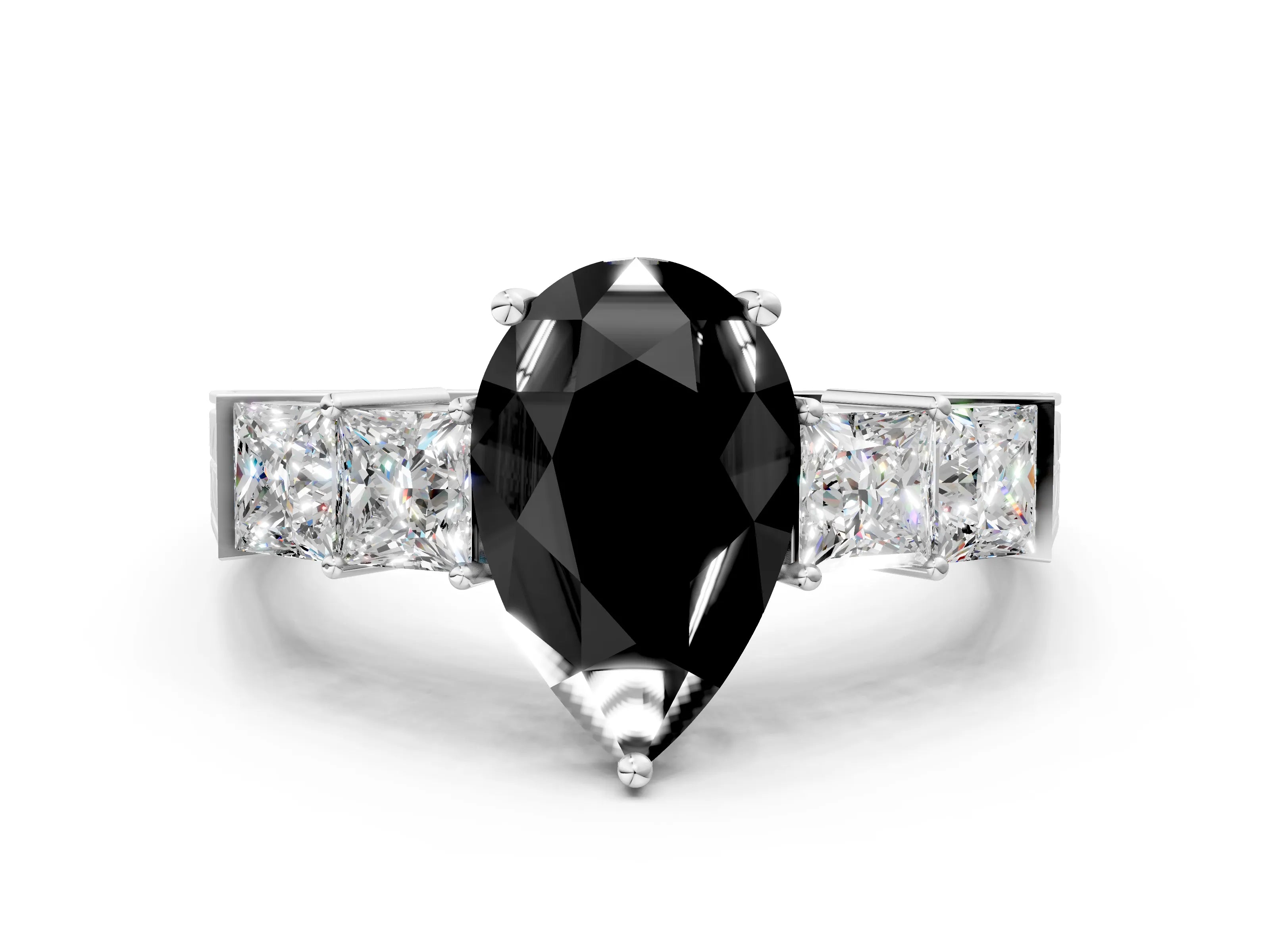 White gold Fancy Black Pear Cut Solitaire Princess Side Stone Engraved Band Prong Setting Ring