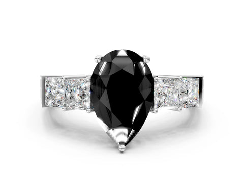 White gold Fancy Black Pear Cut Solitaire Princess Side Stone Engraved Band Prong Setting Ring
