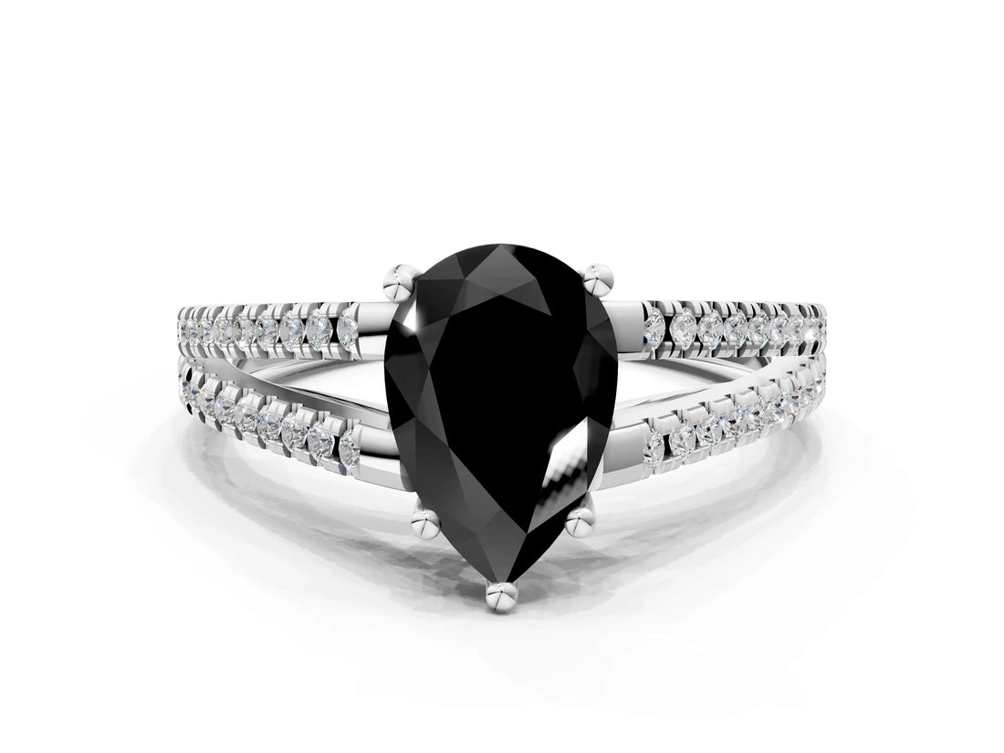 White gold Fancy Black Pear Cut Solitaire Split Shank Pavé Diamond Engagement Ring