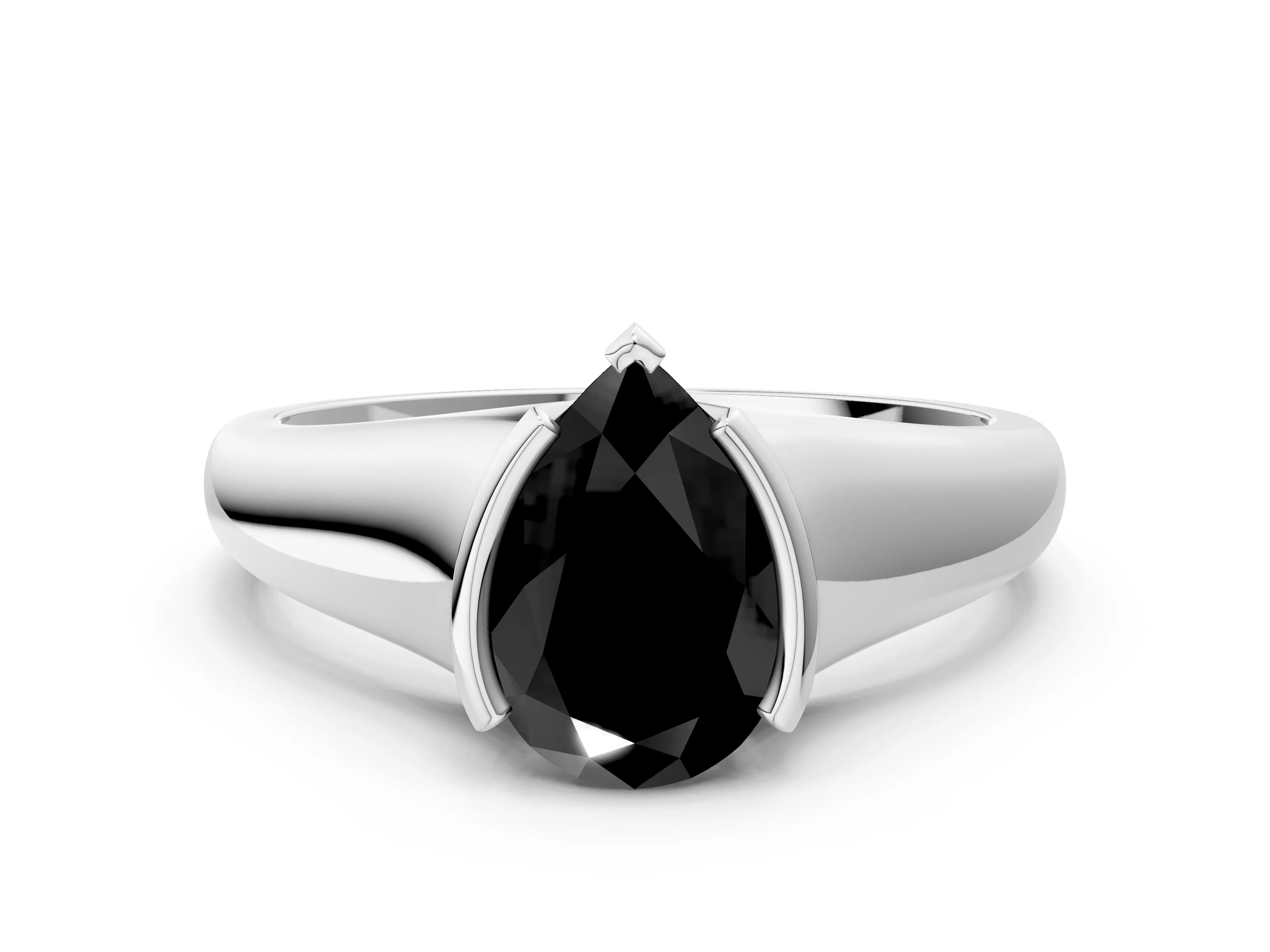 White gold Fancy Black Pear Cut Solitaire Tension Set Diamond Ring with Split Shank Band