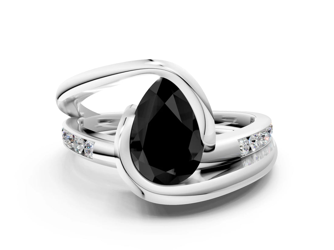 White gold Fancy Black Pear Cut Solitaire Tension-Set Diamond Split Shank Ring
