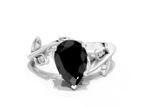 White gold Fancy Black Pear Cut Solitaire Twist Engagement Ring with Leaf Accents and Prong Setting_12