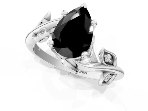 White gold Fancy Black Pear Cut Solitaire Twist Engagement Ring with Leaf Accents and Prong Setting_13