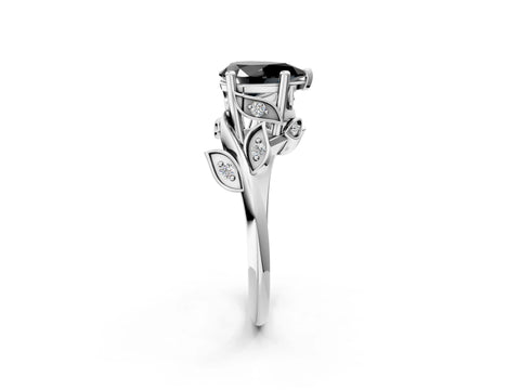 White gold Fancy Black Pear Cut Solitaire Twist Engagement Ring with Leaf Accents and Prong Setting_14