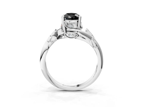 White gold Fancy Black Pear Cut Solitaire Twist Engagement Ring with Leaf Accents and Prong Setting_15