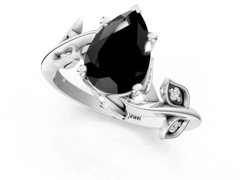 White gold Fancy Black Pear Cut Solitaire Twist Engagement Ring with Leaf Accents and Prong Setting_1