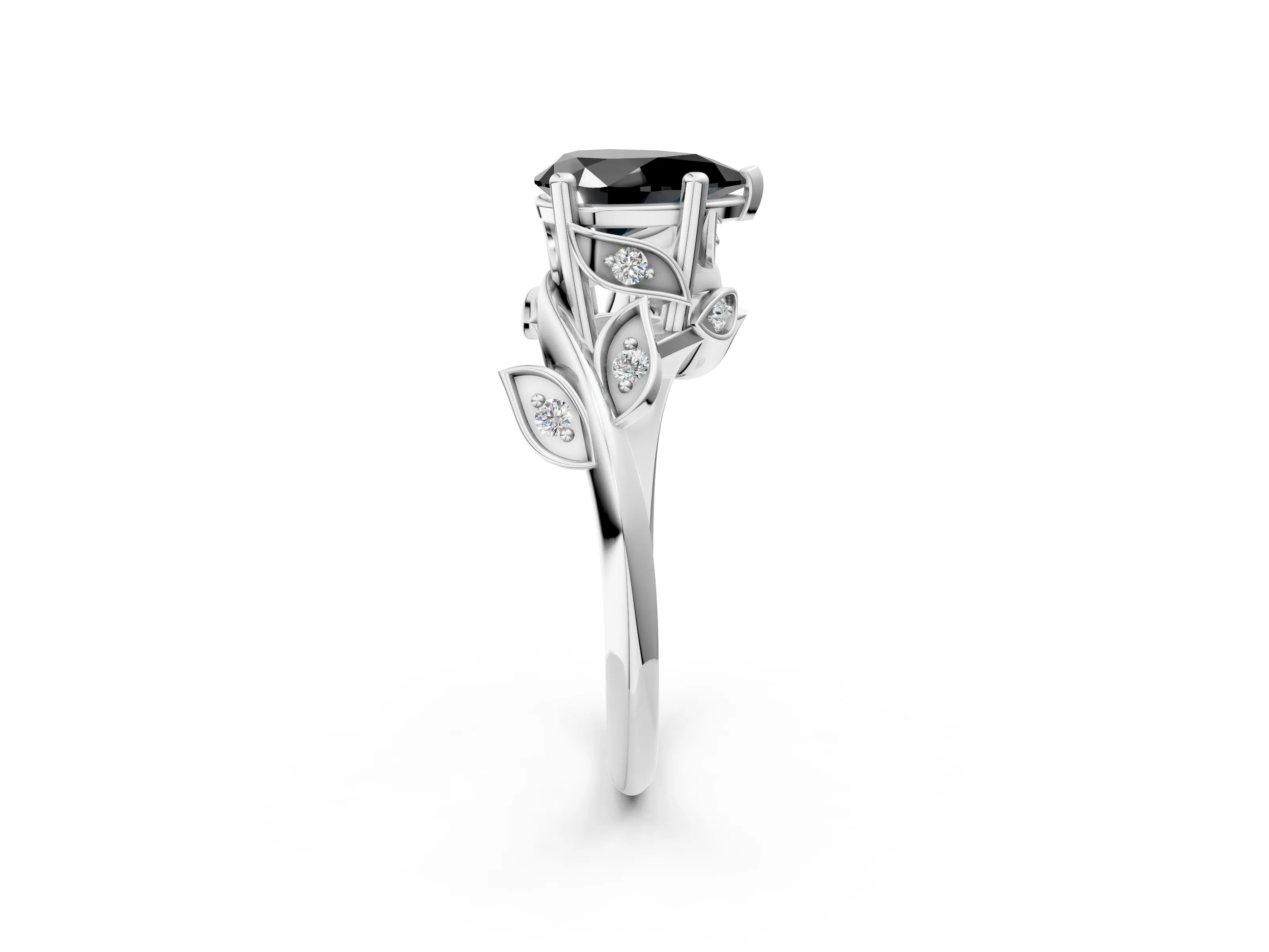 White gold Fancy Black Pear Cut Solitaire Twist Engagement Ring with Leaf Accents and Prong Setting_2