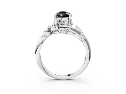 White gold Fancy Black Pear Cut Solitaire Twist Engagement Ring with Leaf Accents and Prong Setting_3