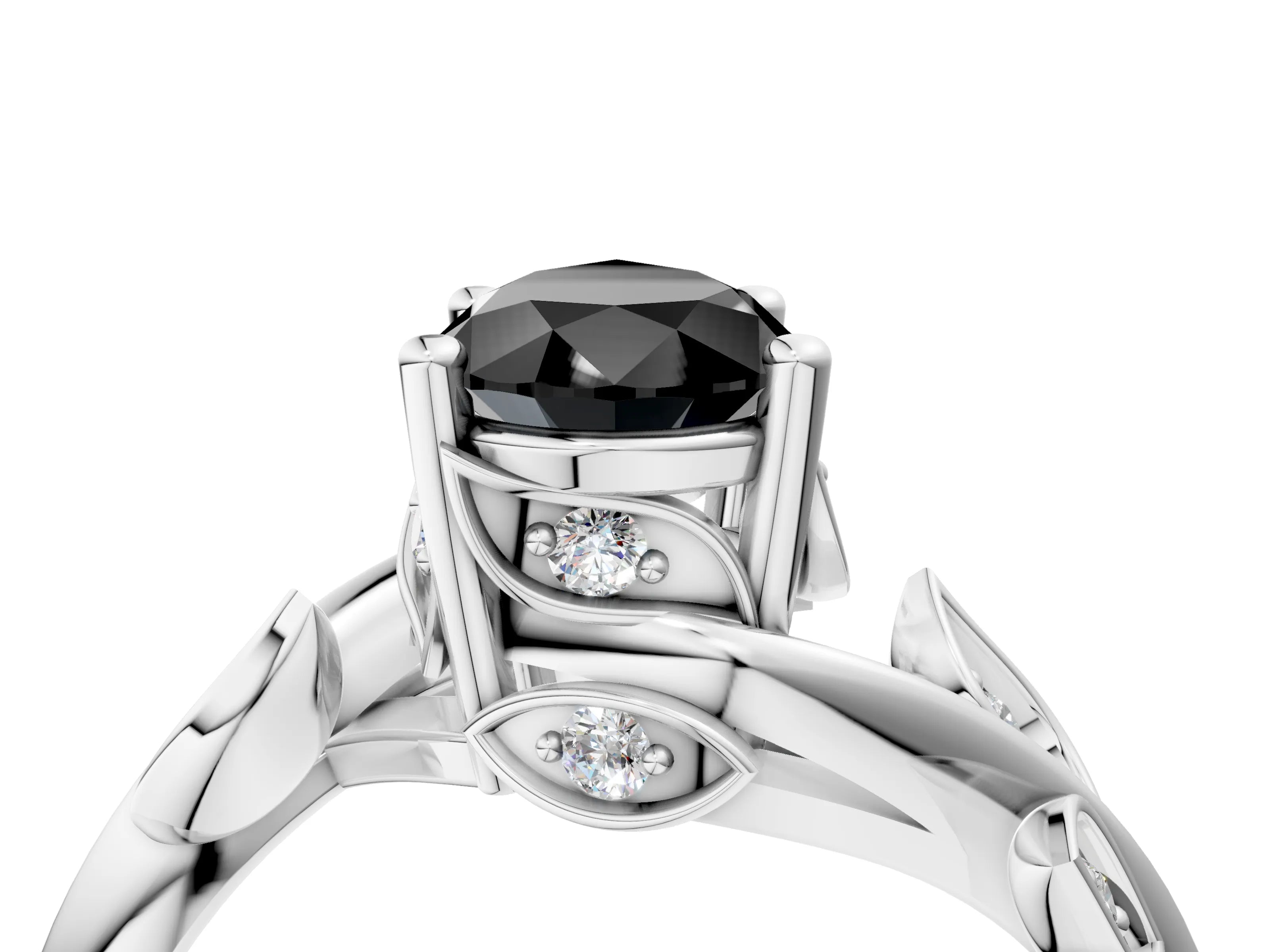 White gold Fancy Black Pear Cut Solitaire Twist Engagement Ring with Leaf Accents and Prong Setting_4