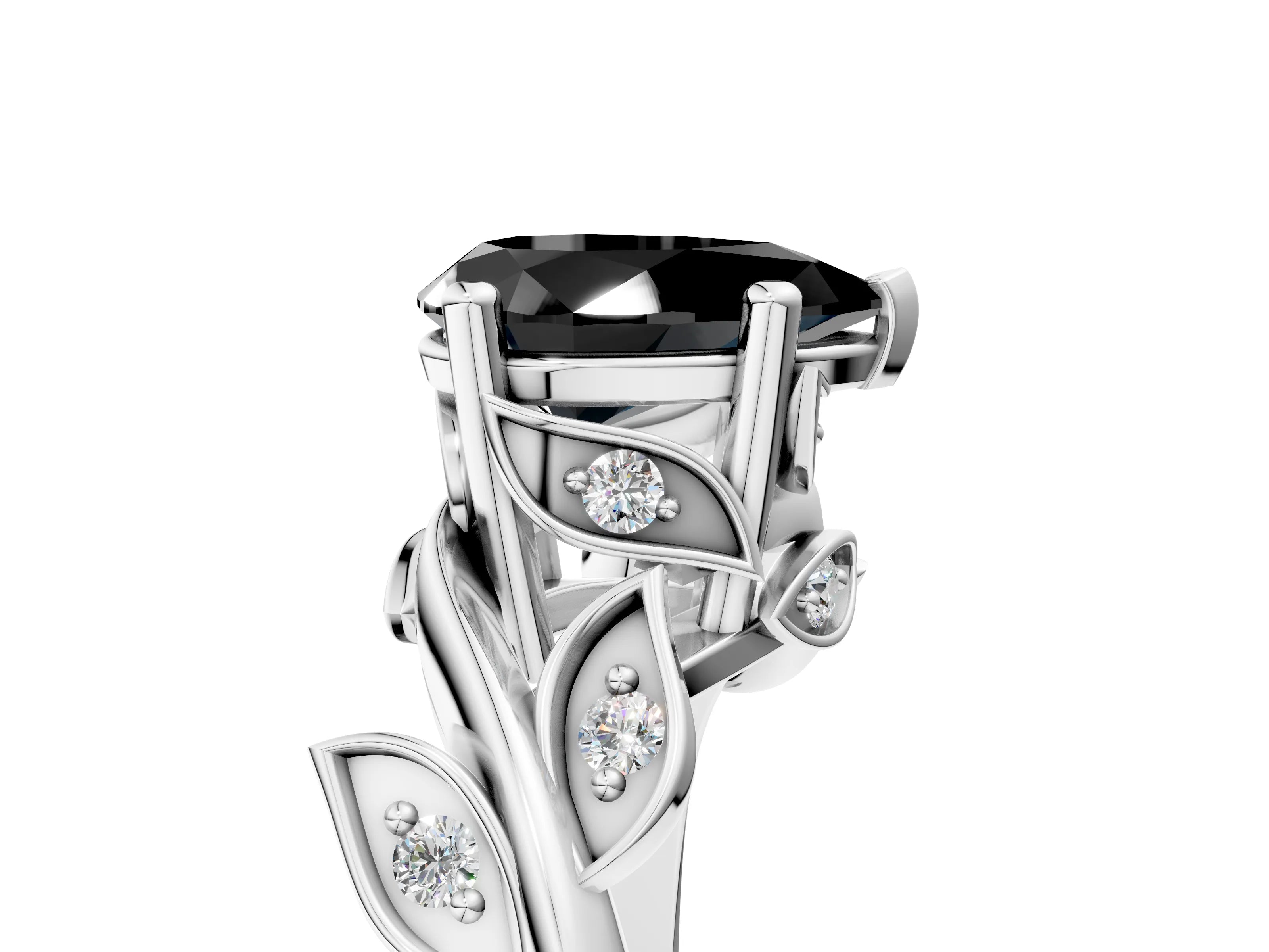 White gold Fancy Black Pear Cut Solitaire Twist Engagement Ring with Leaf Accents and Prong Setting_5
