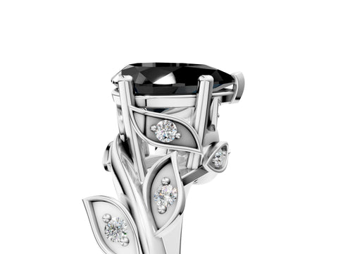 White gold Fancy Black Pear Cut Solitaire Twist Engagement Ring with Leaf Accents and Prong Setting_5