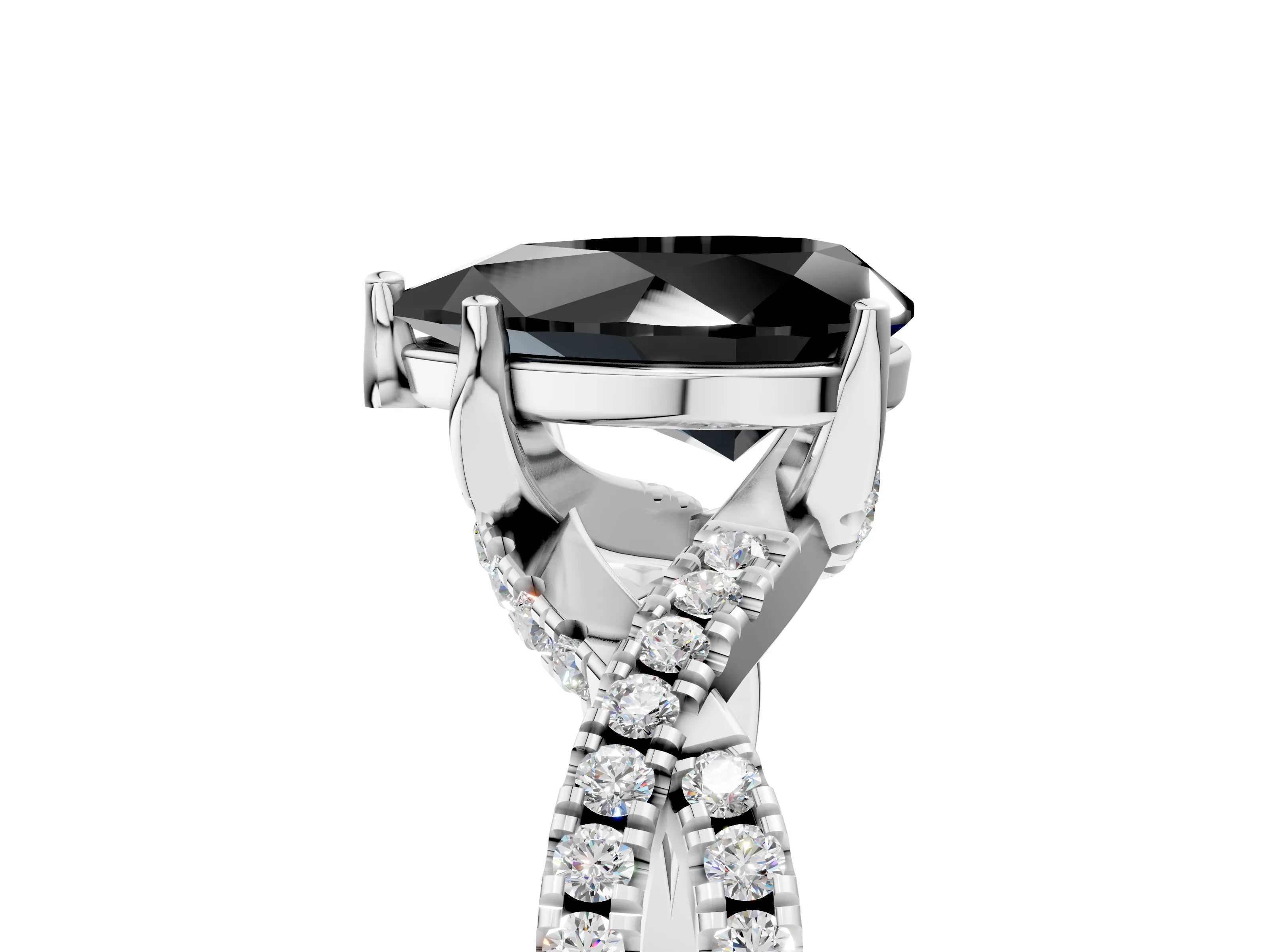 White gold Fancy Black Pear Cut Solitaire Twist Pave Diamond Engagement Ring with Prong Setting_101