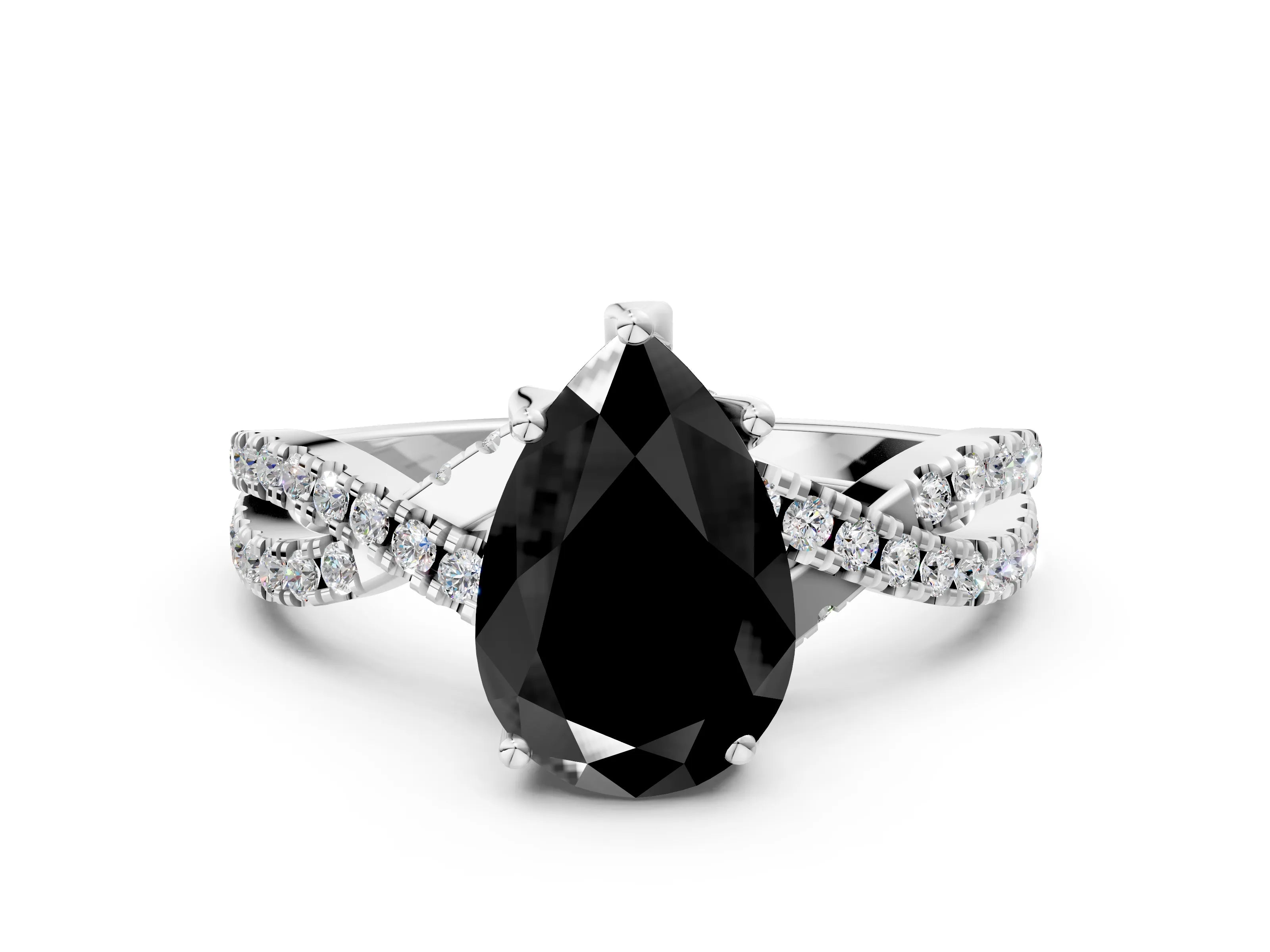 White gold Fancy Black Pear Cut Solitaire Twist Pave Diamond Engagement Ring with Prong Setting_11