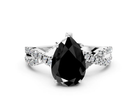 White gold Fancy Black Pear Cut Solitaire Twist Pave Diamond Engagement Ring with Prong Setting_11