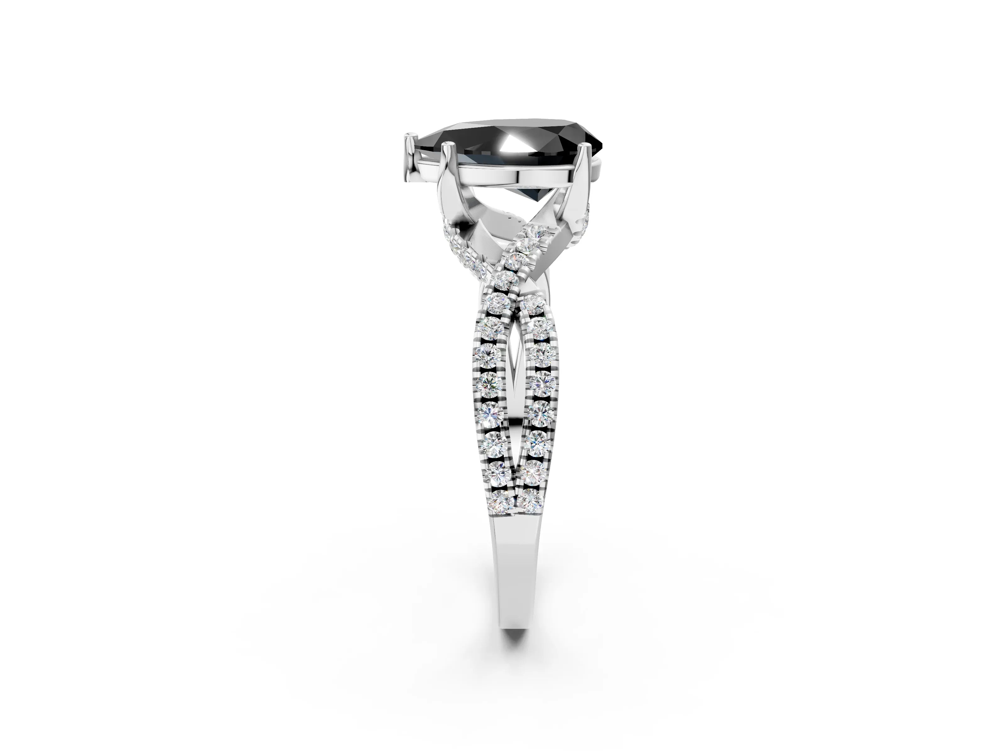 White gold Fancy Black Pear Cut Solitaire Twist Pave Diamond Engagement Ring with Prong Setting_13