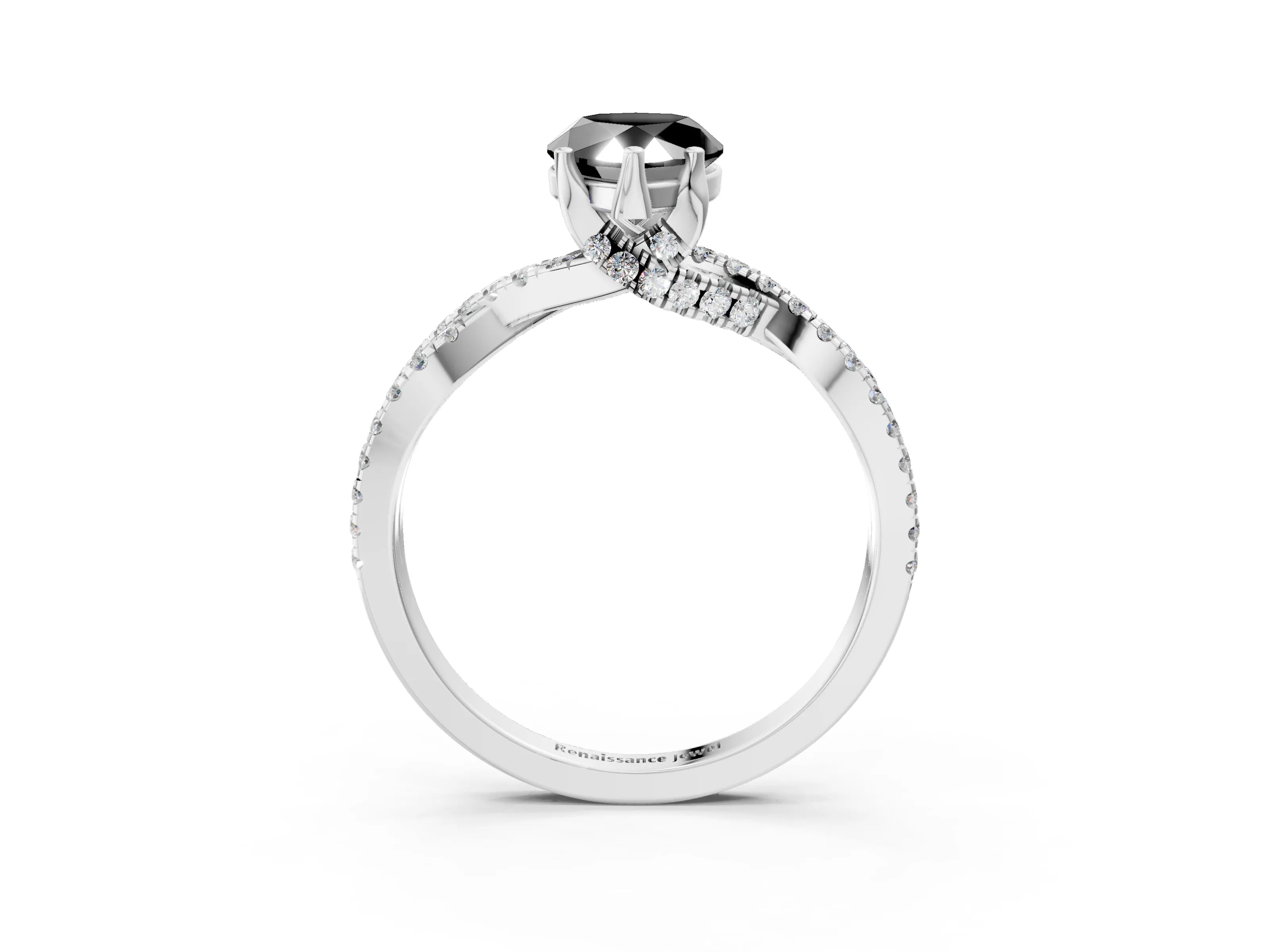 White gold Fancy Black Pear Cut Solitaire Twist Pave Diamond Engagement Ring with Prong Setting_14