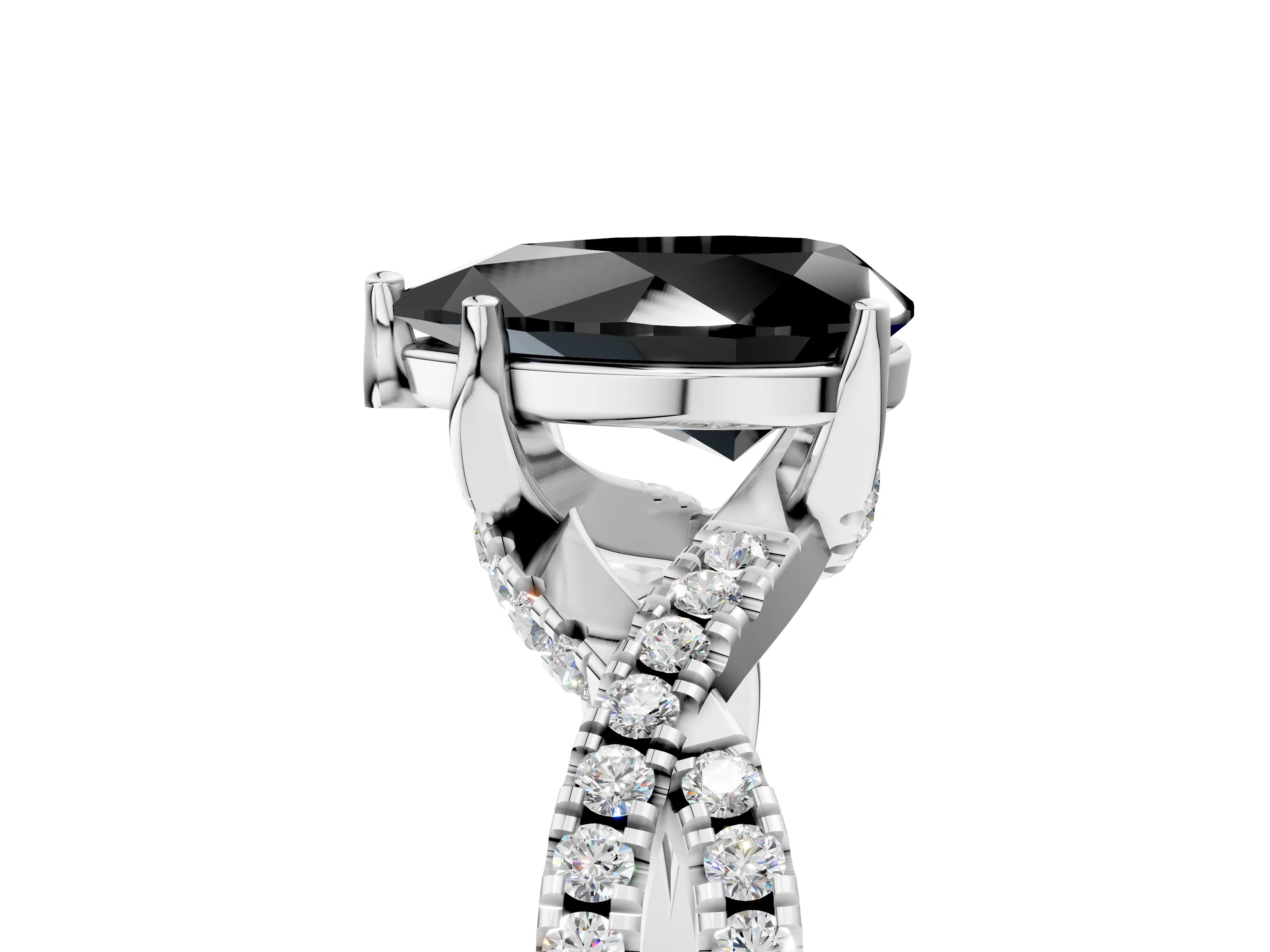 White gold Fancy Black Pear Cut Solitaire Twist Pave Diamond Engagement Ring with Prong Setting_16
