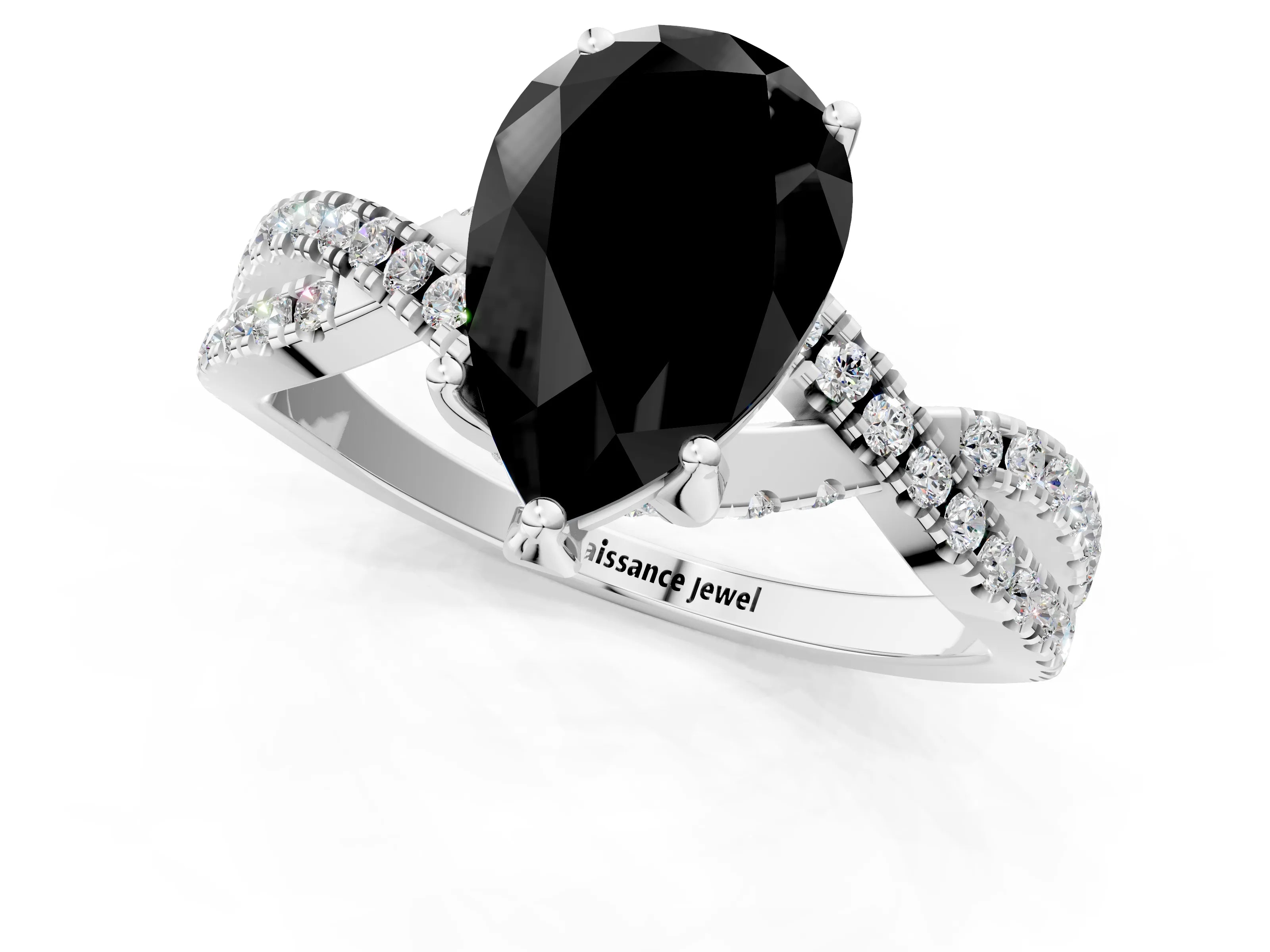 White gold Fancy Black Pear Cut Solitaire Twist Pave Diamond Engagement Ring with Prong Setting_1