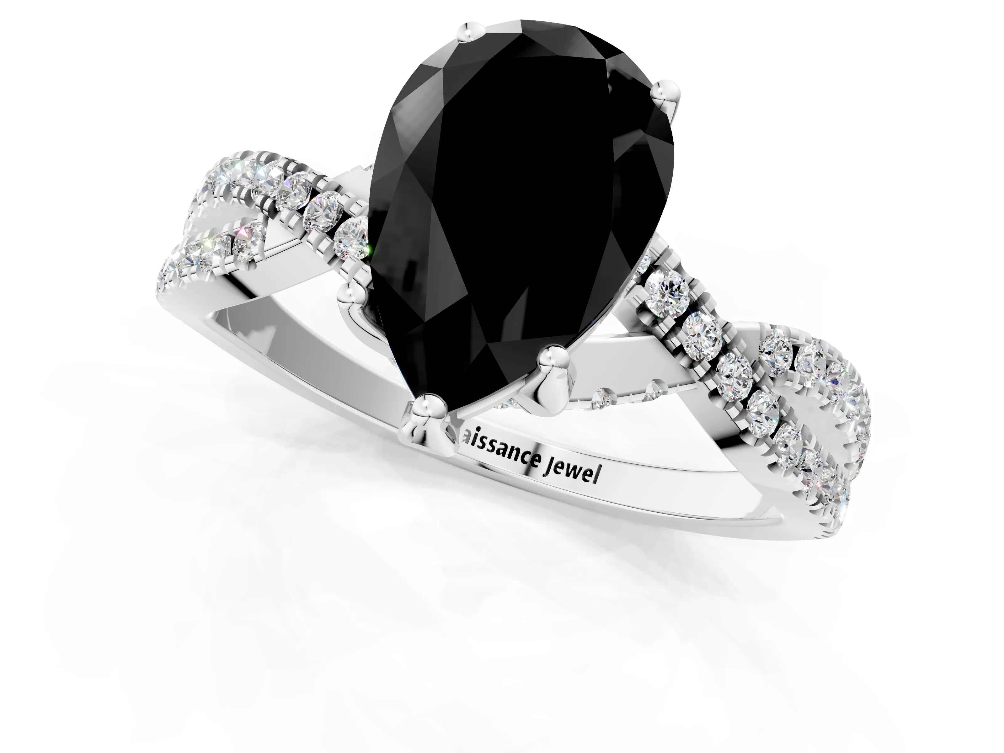 White gold Fancy Black Pear Cut Solitaire Twist Pave Diamond Engagement Ring with Prong Setting_24