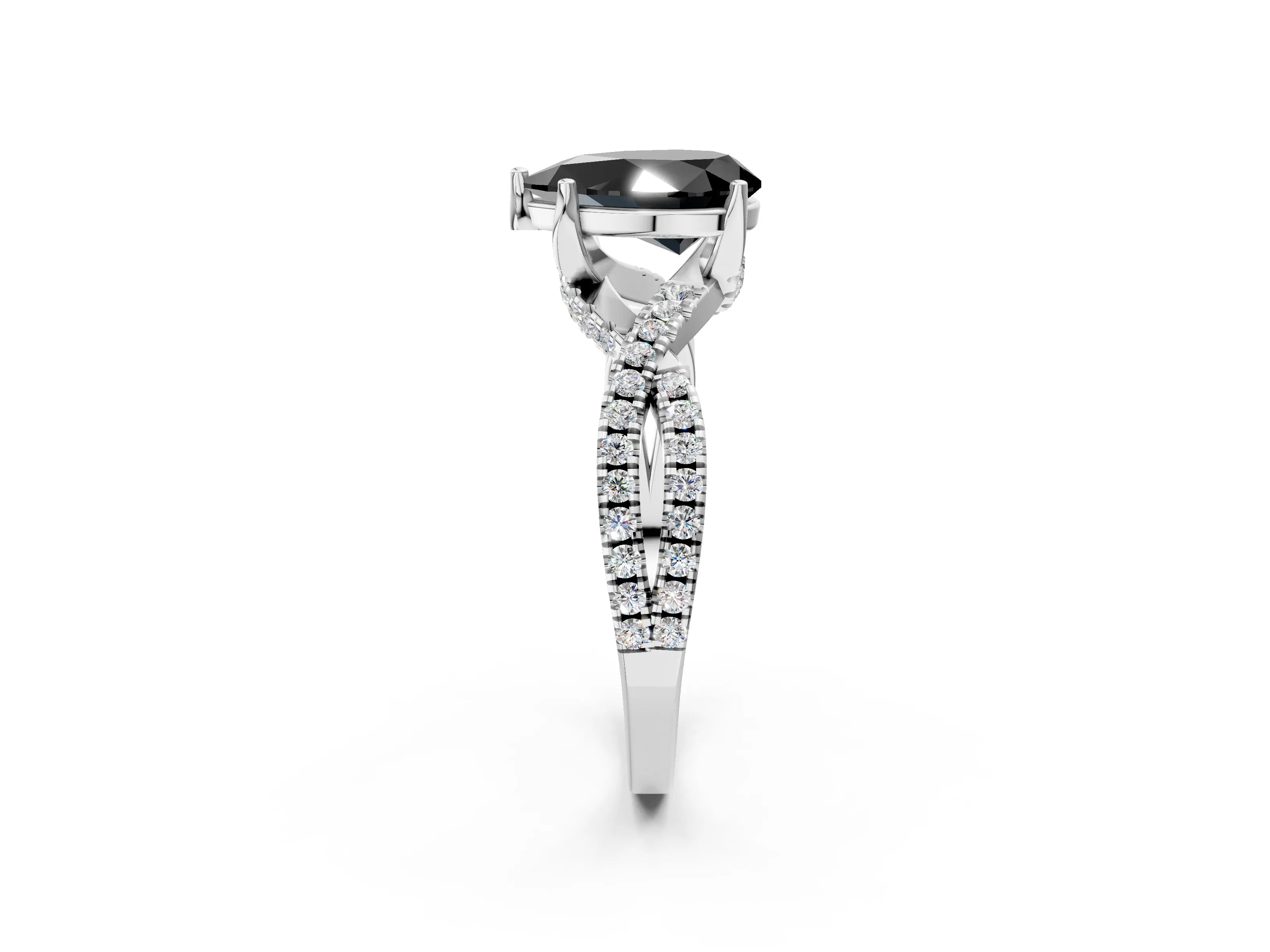 White gold Fancy Black Pear Cut Solitaire Twist Pave Diamond Engagement Ring with Prong Setting_25