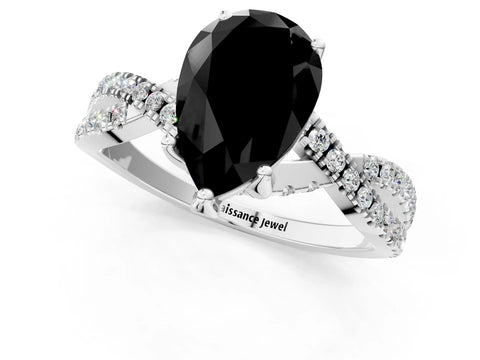 White gold Fancy Black Pear Cut Solitaire Twist Pave Diamond Engagement Ring with Prong Setting_37