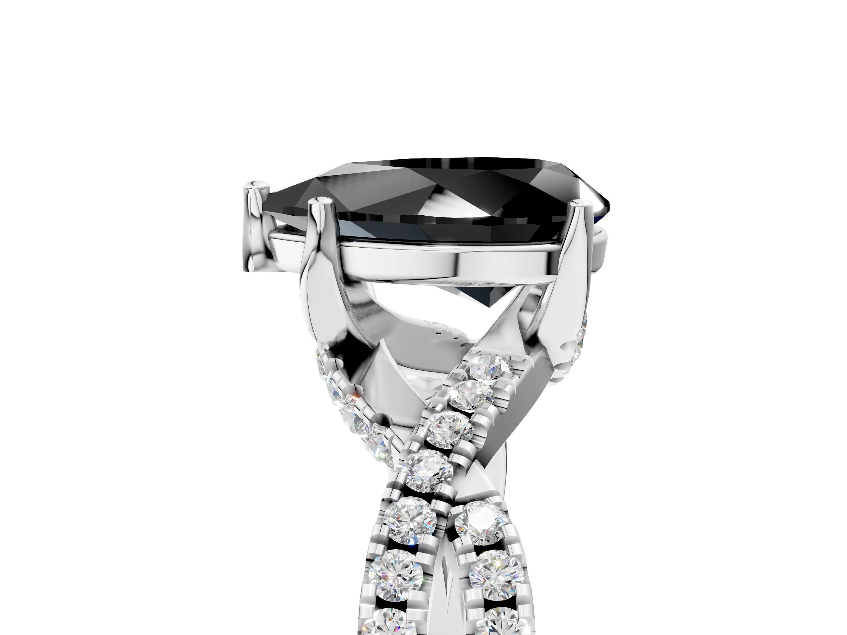 White gold Fancy Black Pear Cut Solitaire Twist Pave Diamond Engagement Ring with Prong Setting_41