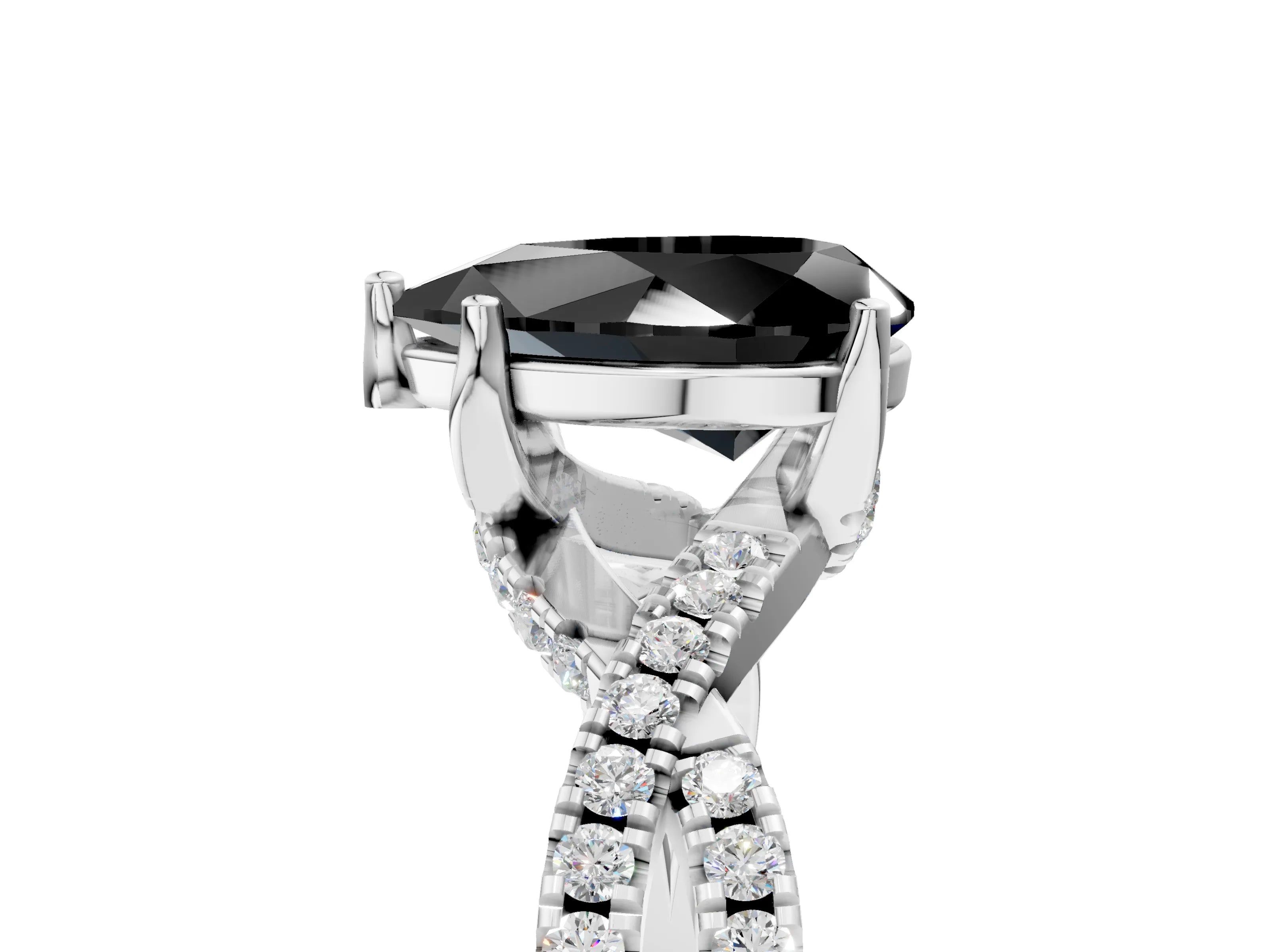 White gold Fancy Black Pear Cut Solitaire Twist Pave Diamond Engagement Ring with Prong Setting_5