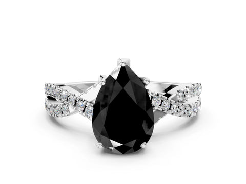 White gold Fancy Black Pear Cut Solitaire Twist Pave Diamond Engagement Ring with Prong Setting