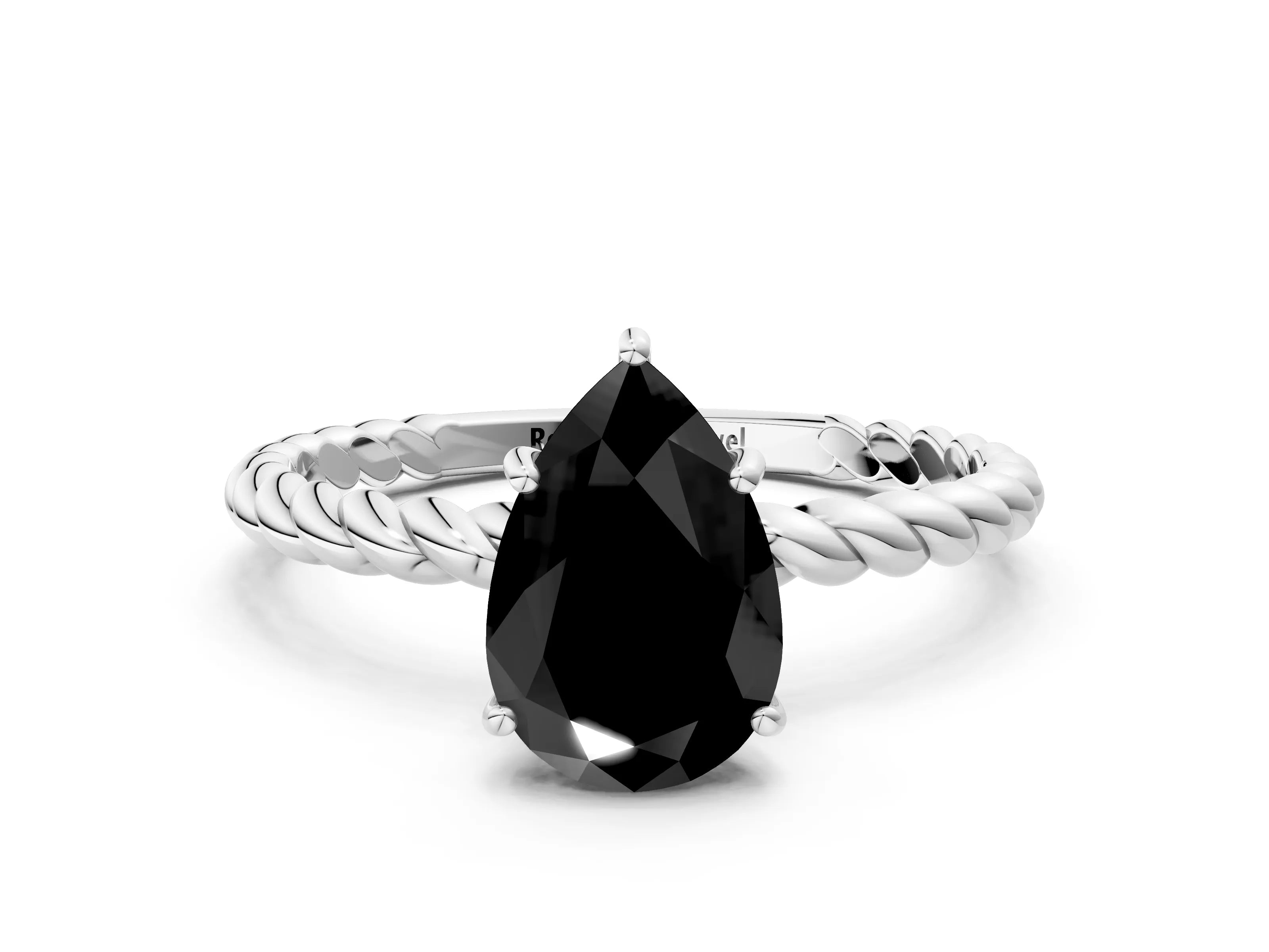 White gold Fancy Black Pear Cut Solitaire Twisted Band 4-Prong Ring_24
