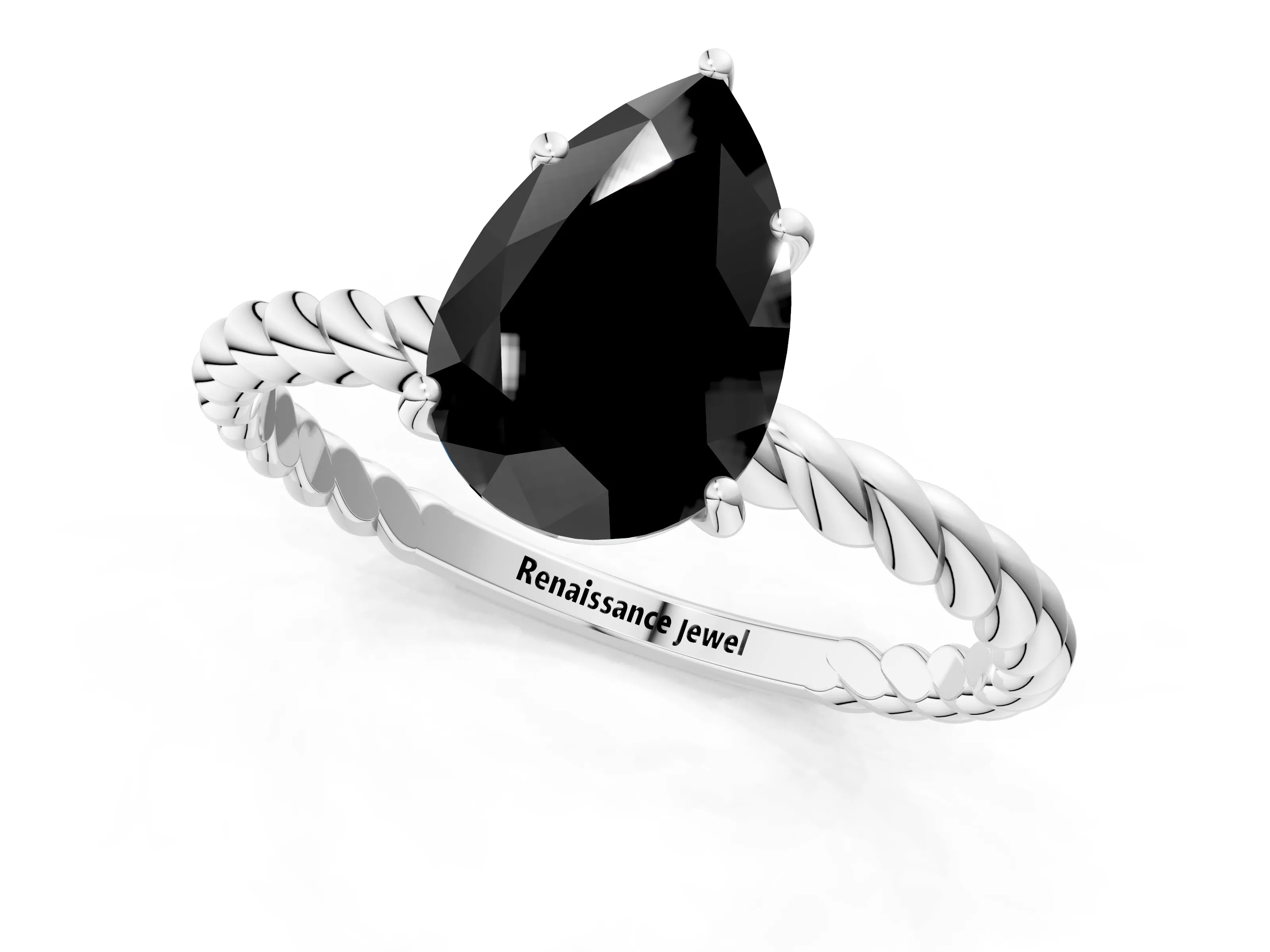 White gold Fancy Black Pear Cut Solitaire Twisted Band 4-Prong Ring_25