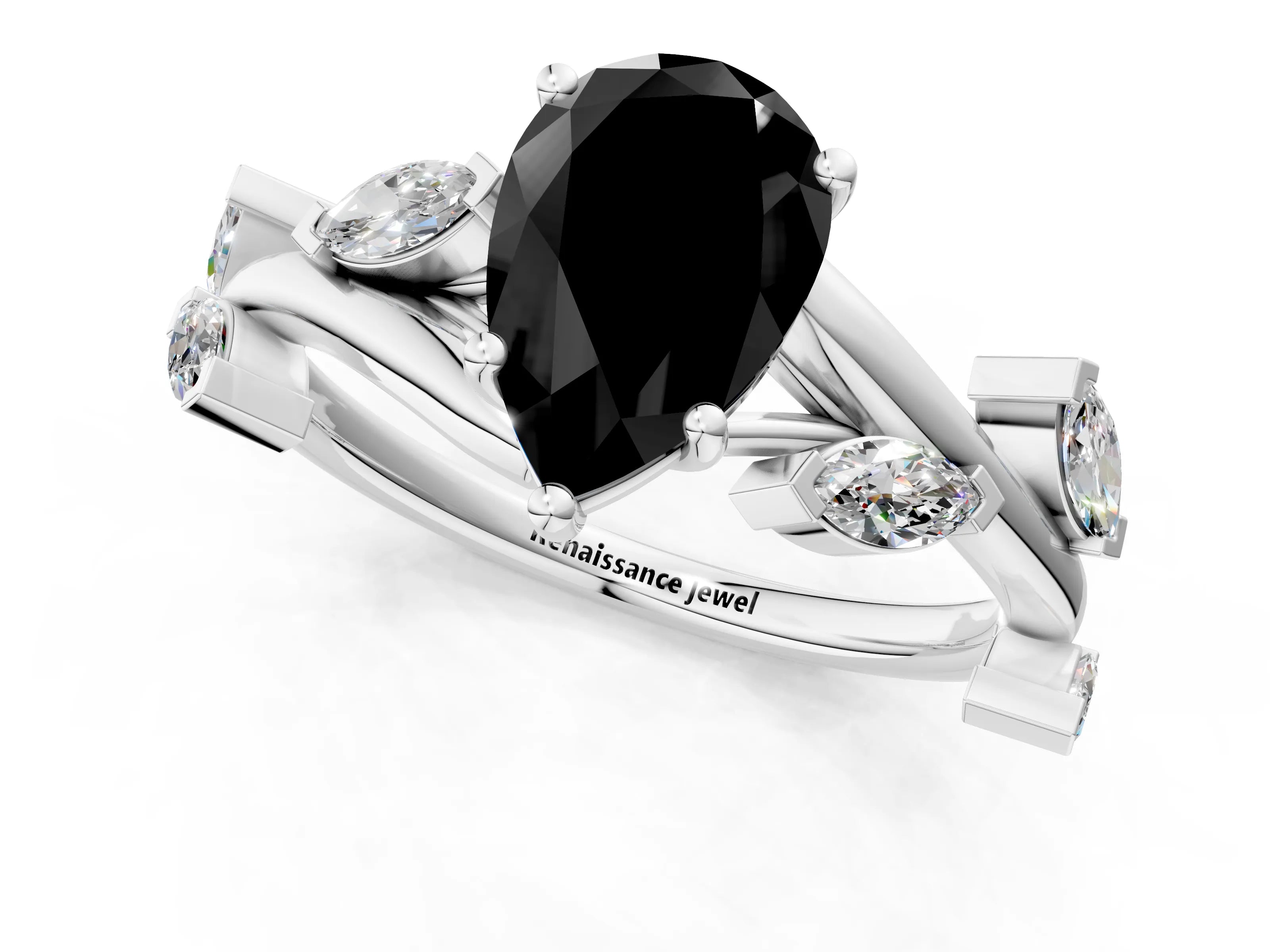 White gold Fancy Black Pear Cut Solitaire Twisted Band Marquise Accent Prong Setting Ring_1