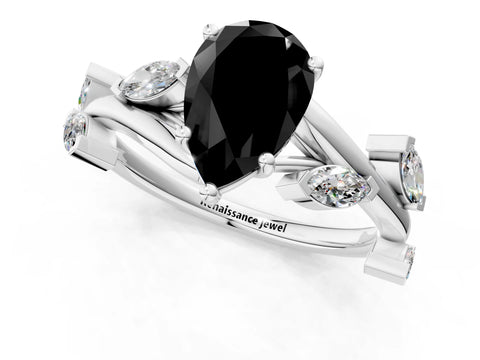 White gold Fancy Black Pear Cut Solitaire Twisted Band Marquise Accent Prong Setting Ring_1