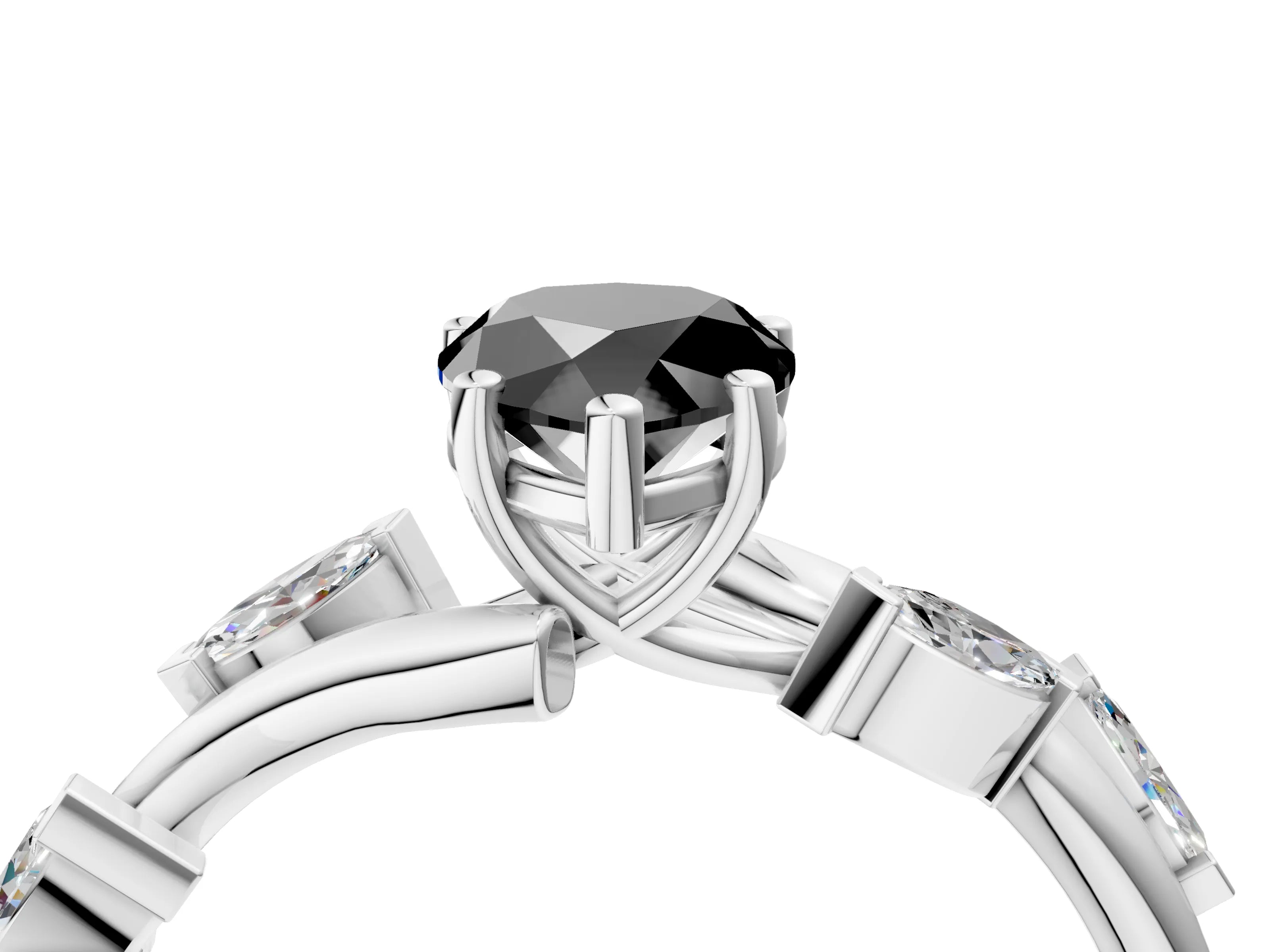 White gold Fancy Black Pear Cut Solitaire Twisted Band Marquise Accent Prong Setting Ring_4
